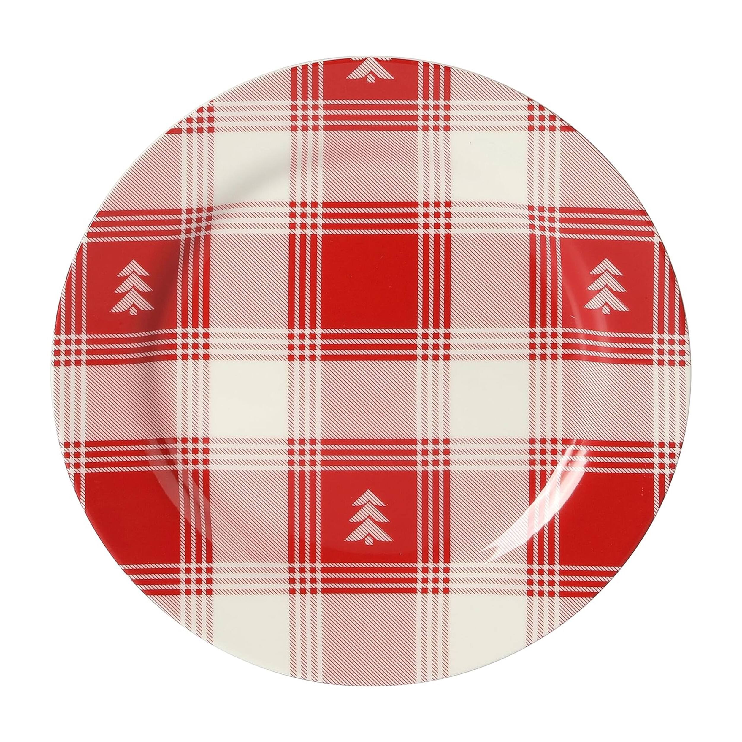 Alt View 3. Martha Stewart - Martha Stewart 12 Piece Plaid Decorated Round Stoneware Dinnerware Set in Red and White - Red and White.