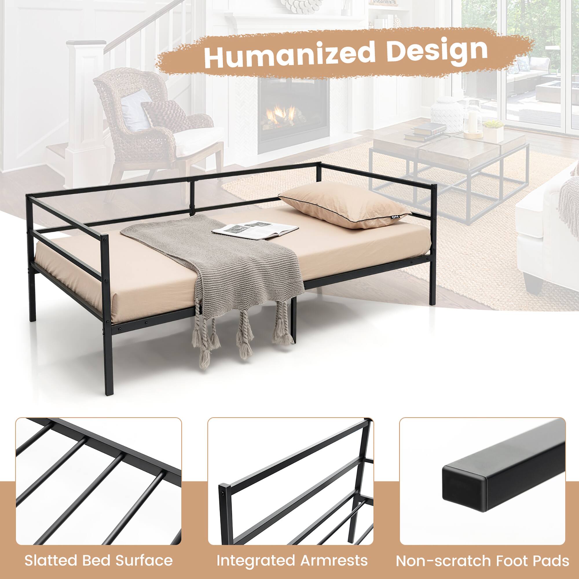Alt View 7. Costway - Costway Twin Daybed Sofa Bed Frame Metal Platform with Headboard for Guest - Living Room - Black.