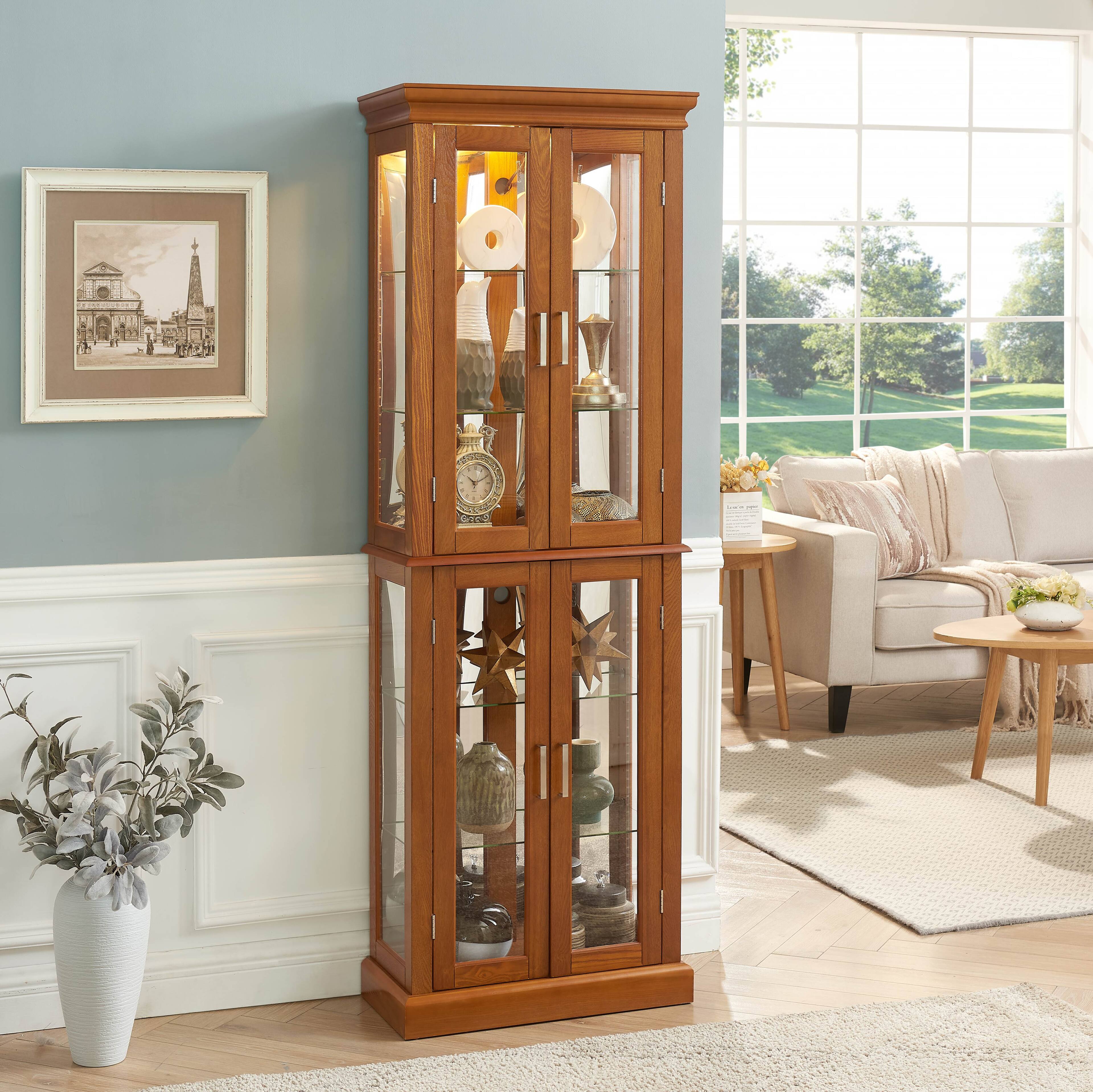 Angle. APRILSOUL - Transitional Display Cabinet with Adjustable Shelves Internal Lighting and Mirrored Back Panel - Oak.