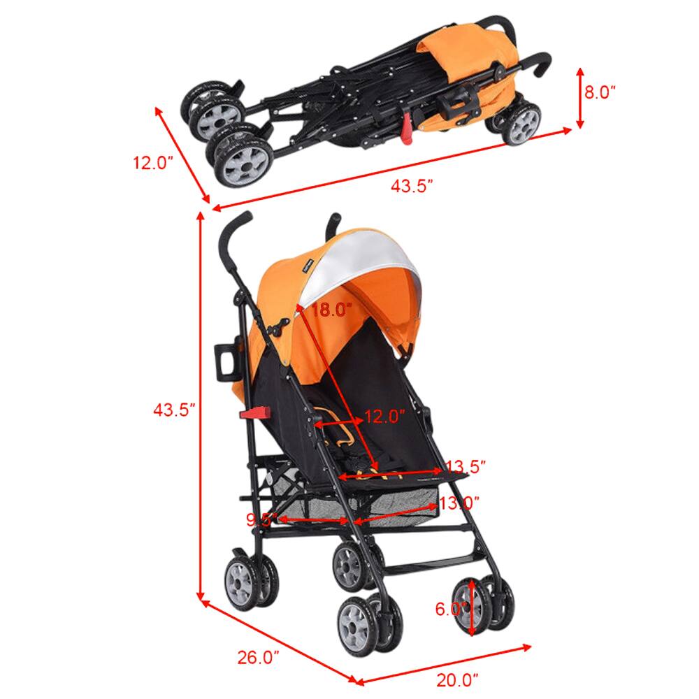 Sure, here is the corrected and grouped text from the image:

- Width: 26.0"
- Height: 43.5"
- Depth: 20.0"
- Seat Height: 18.0"
- Seat Width: 13.0"
- Seat Depth: 13.5"
- Handle Height: 43.5"
- Handle Width: 12.0"
- Wheel Diameter: 6.0"
- Folded Width: 8.0"
- Folded Height: 12.0"
- Folded Depth: 9.5"