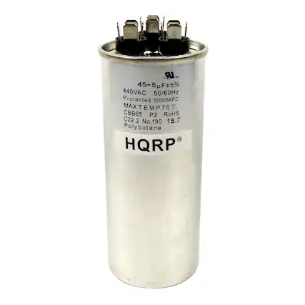 UR. Ut 45+5 45+5uF±5% 440VAC 50/60Hz Protected 10000AFC MAX TEMP 70°C CBB65 P2 RoHS C22.2 No.190 18.7 Polybutene R HQRP