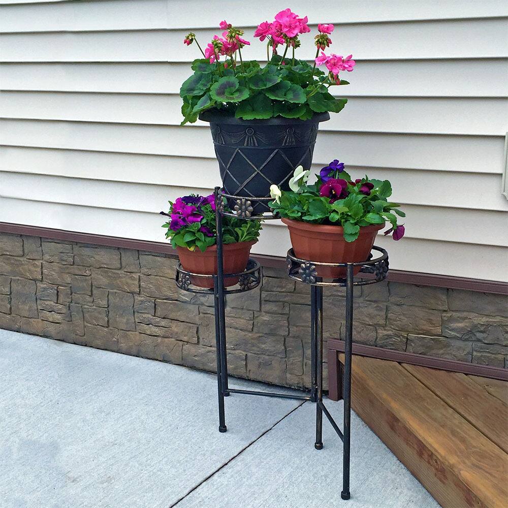 Alt View 4. Sunnydaze - Painted Metal 3-Tier Staggered Folding Plant Stand - 29 in - Bronze.