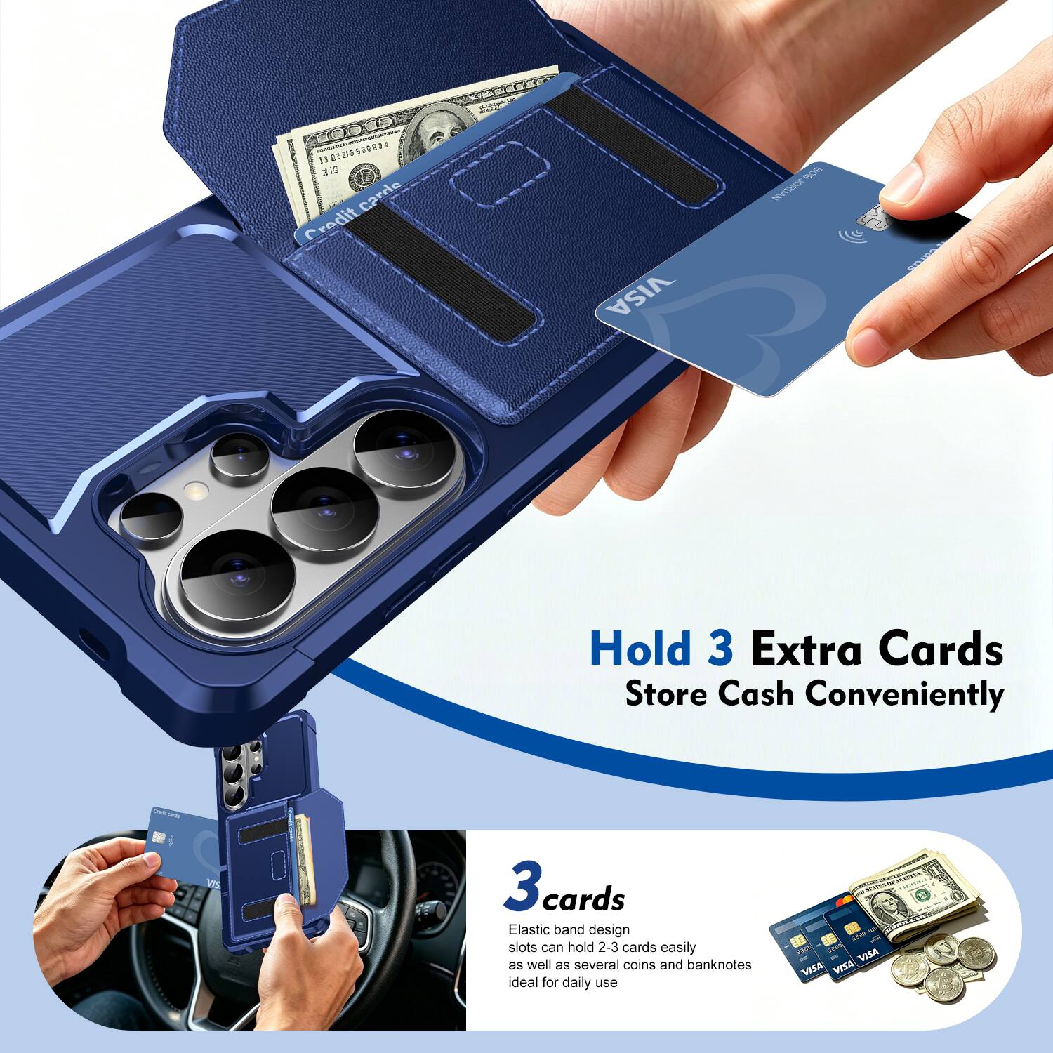 IESEO Sa 118/3  
Cardie Credit VISA NA  
SRIPOO Hold 3 Extra Cards Store Cash Conveniently  
VEL 3  
3 cards  
Elastic band design slots can hold 2-3 cards easily as well as several coins and banknotes ideal for daily use  
VISA VEZA VISA