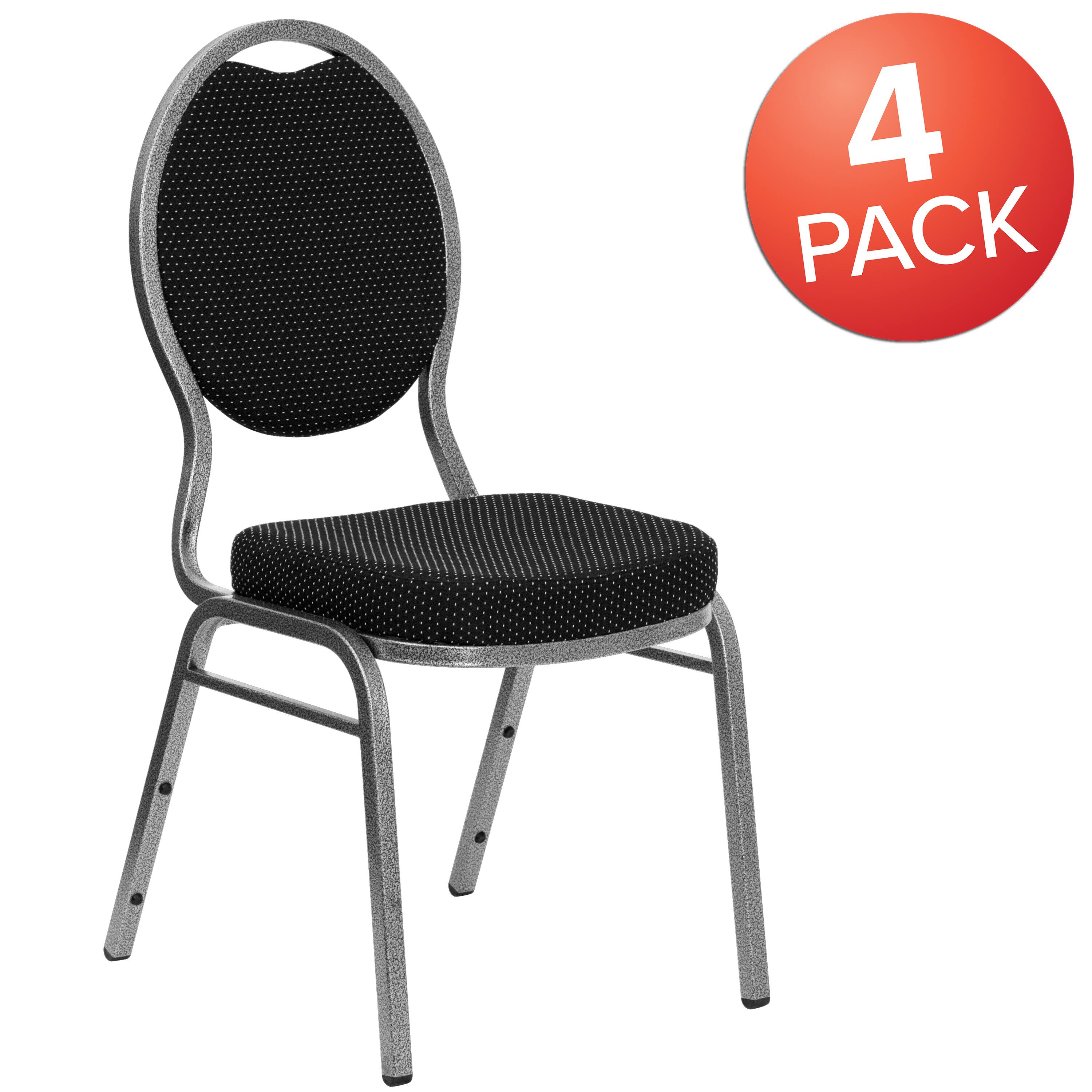 Alt View 1. Emma + Oliver - 4 Pack Teardrop Back Stacking Banquet Chair - Black Patterned Fabric/Silver Vein Frame.