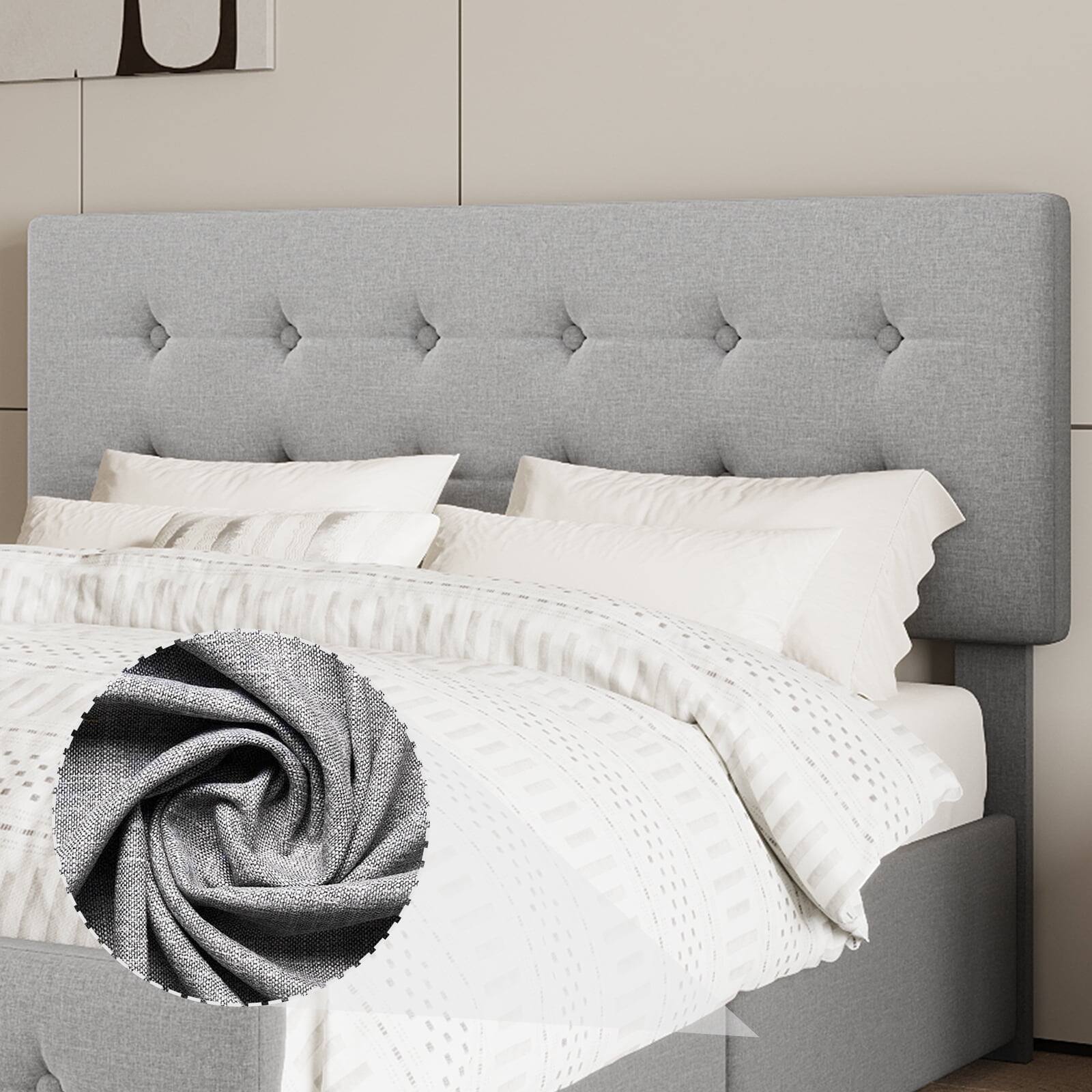 Back. Jojoka - Full Bed Frame with 4 Storage Drawers, Linen Upholstered, Wooden Slats, No Box Spring, Light Gray - Space-Saving - Light Gray Full.