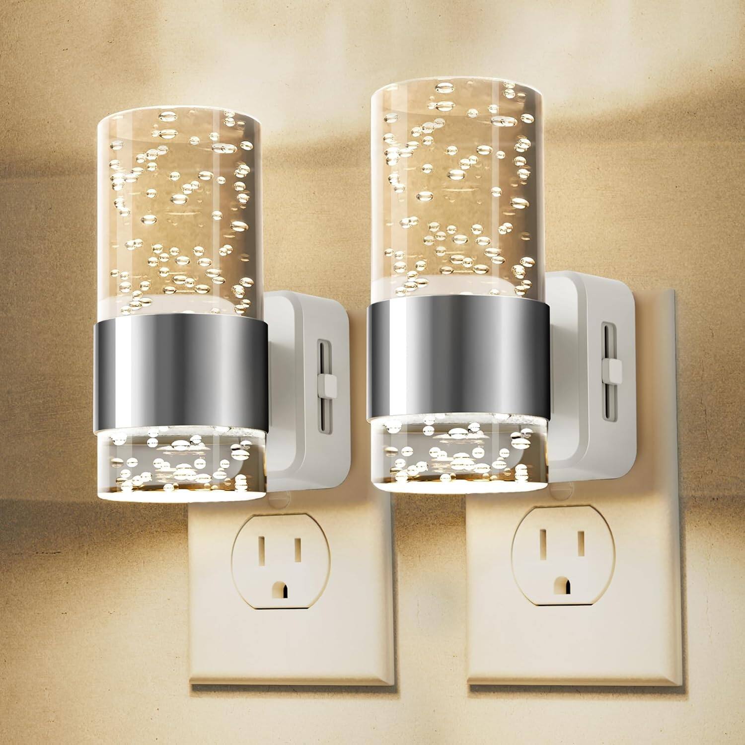 Angle. Jandcase - JANDCASE 2-Pack 1W  Plug-in Night Light, 3000K Warm Glow, Bubble Acrylic Pillar, Up/Down Light, , US 3-Prong - Silver.
