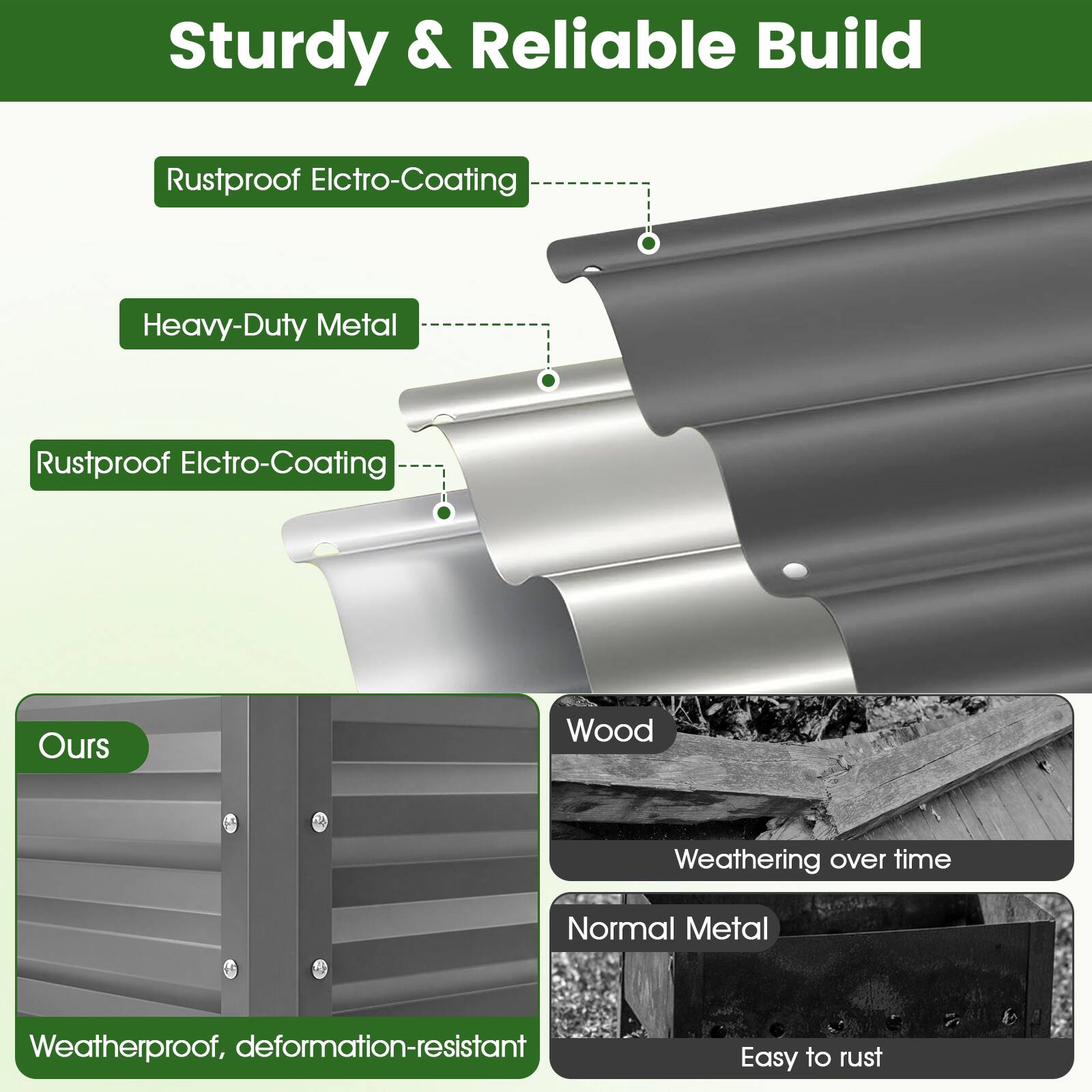 Sturdy & Reliable Build

- Rustproof Electro-Coating
- Heavy-Duty Metal
- Rustproof Electro-Coating

Ours
Weatherproof, deformation-resistant

Wood
Weathering over time

Normal Metal
Easy to rust