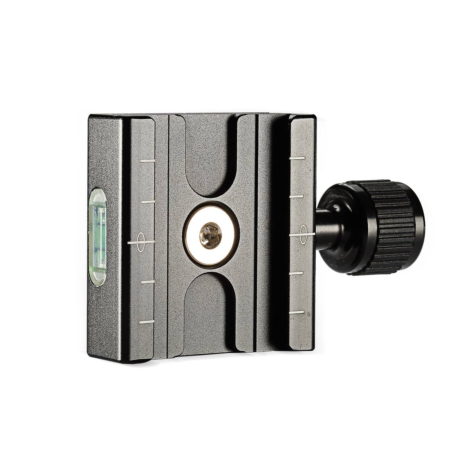 Back. Neewer - 50mm Aluminum Quick Release Clamp, 3/8" with 1/4" Adapter, Built-in Bubble Level.
