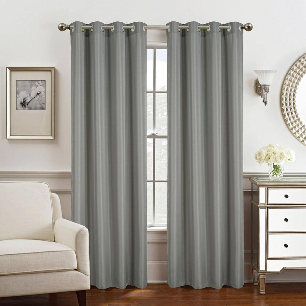Front. Olivia Gray - Olivia Gray Gilbert Solid Single Grommet Curtain Panel Pair - 54x84" Charcoal - Charcoal.