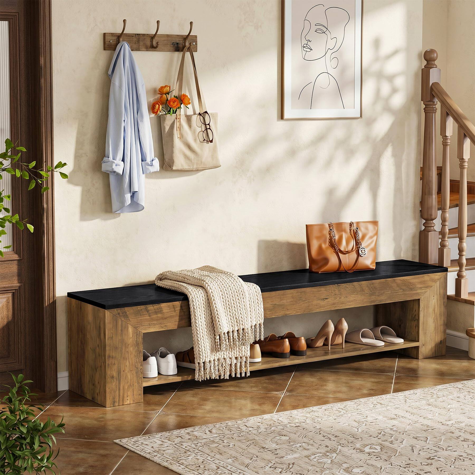 Alt View 2. Tribesigns - 71-Inch Extra Long Entryway Bench with Shoe Storage, Farmhouse Shoe Bench with 2 Shelves, Wooden Indoor Seating for Hall - Rustic Brown and Black.