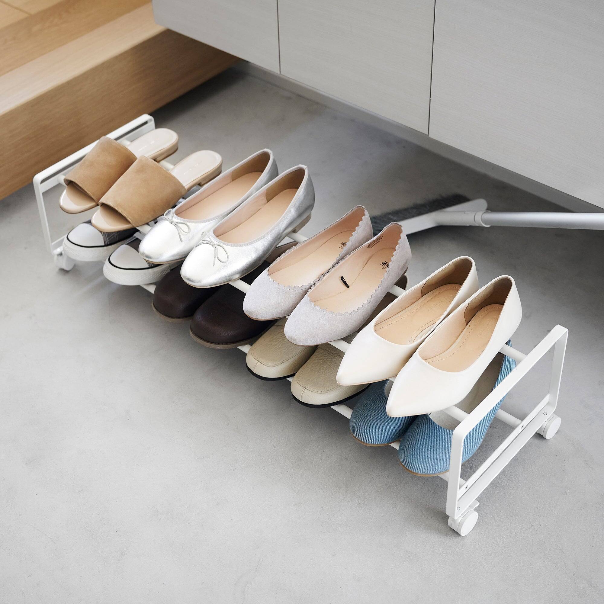 Back. Yamazaki Home - Two-Tier Rolling Shoe Rack (" H)  - Steel - Black.