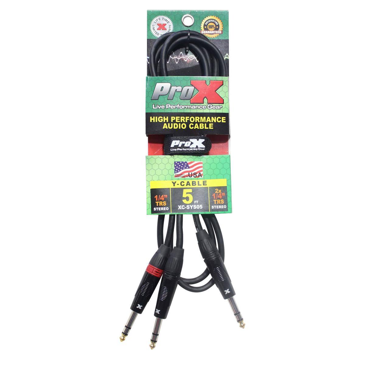 LIFE TIME LIMITED X ANTY  
ACCURATION 100% GUARANTEED  
Pro X Live Performance Gear HIGH PERFORMANCE AUDIO CABLE  
Pro X Live Performance Gear  
USA Y-CABLE 2x 1/4" 5 FT TRS TRS XC-SYS05 STEREO STEREO