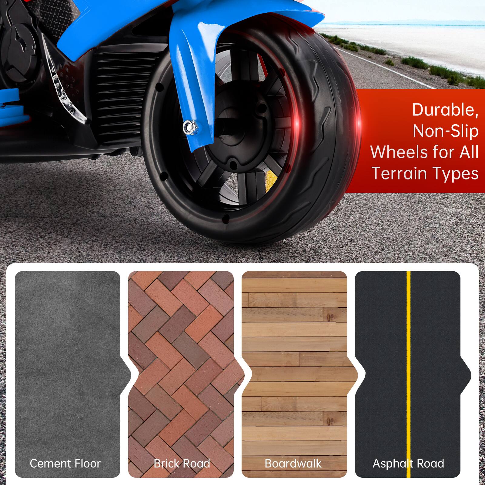 Durable, Non-Slip Wheels for All Terrain Types

- Cement Floor
- Brick Road
- Boardwalk
- Asphalt Road