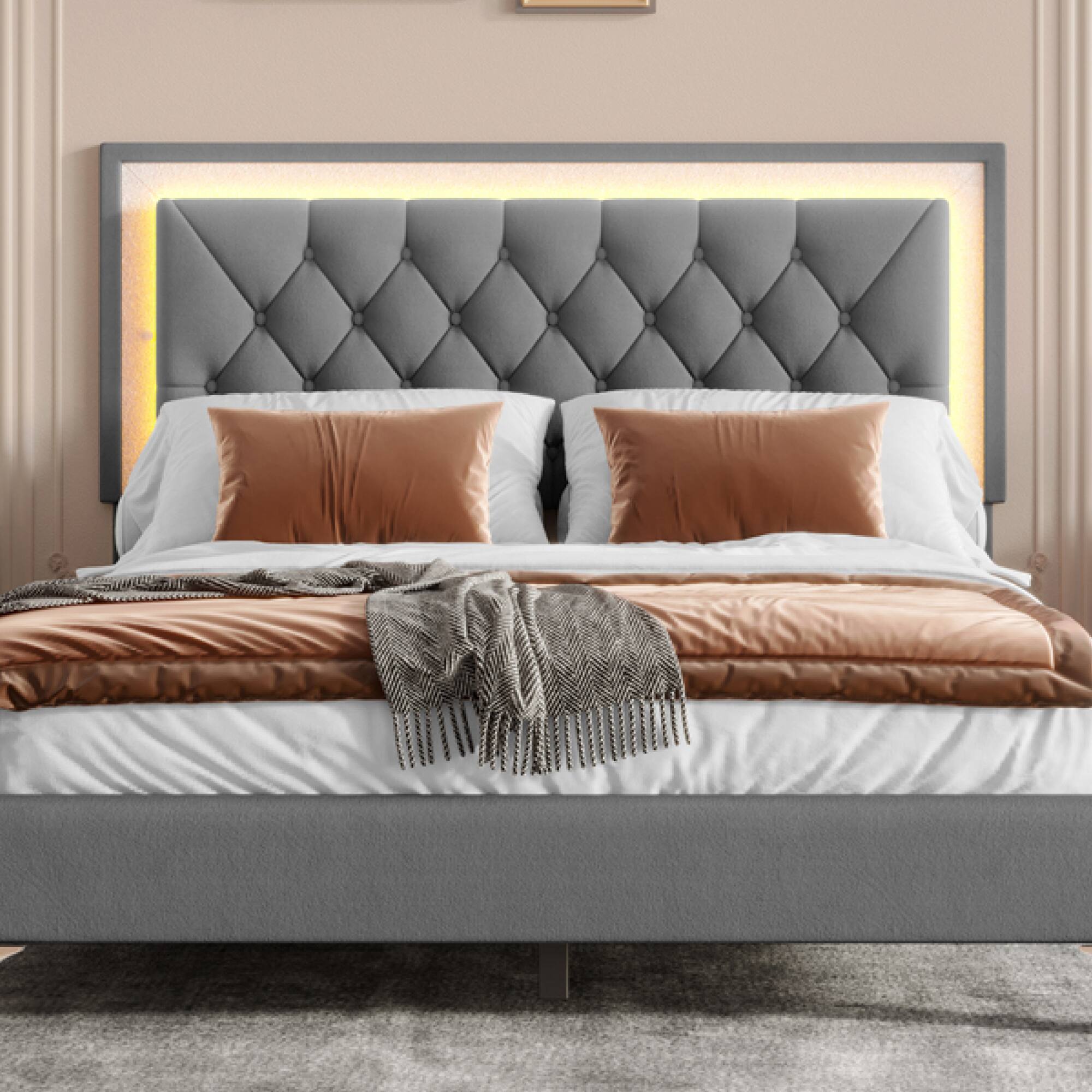 Alt View 7. GOODSILO - Elegant Velvet Upholstered Queen Bed Frame with LED Lights and Tufted Headboard - Gray.