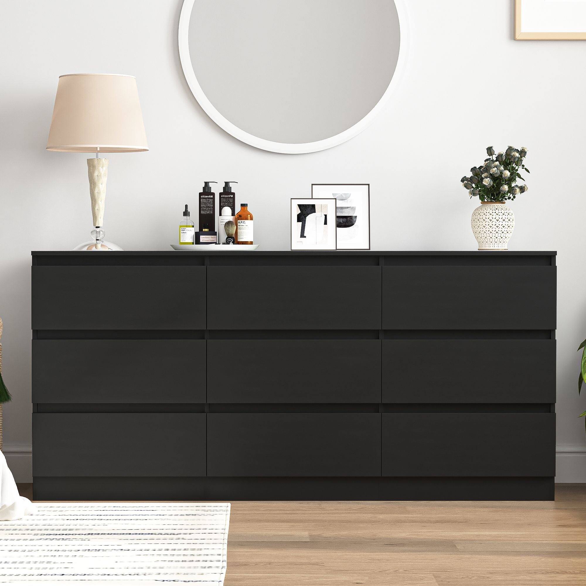 Front. Kadyn - Kadyn 9 Drawer Wide Dressers for Bedroom, Modern Chest of Drawer Organizer, Black - Black.