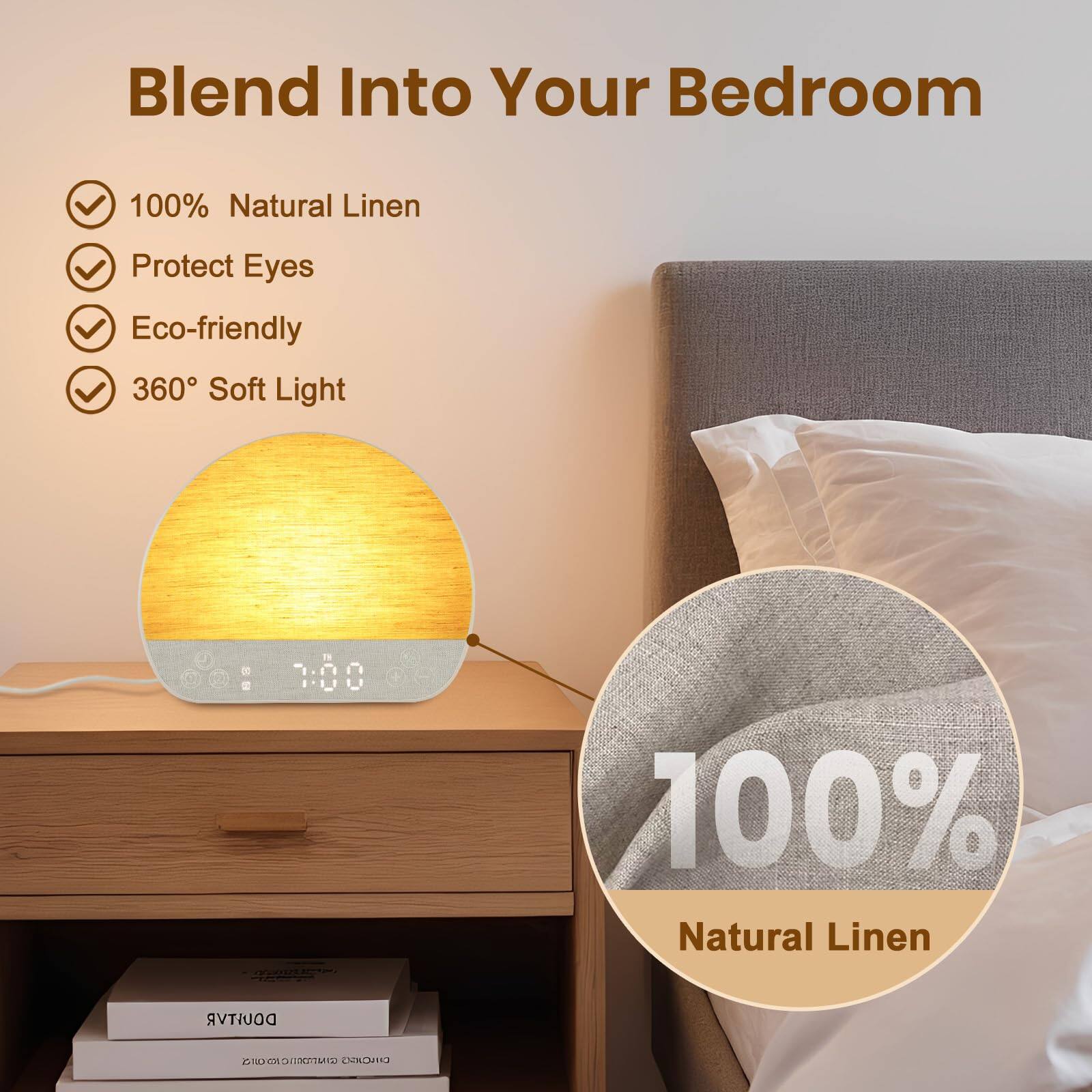 Blend Into Your Bedroom

- 100% Natural Linen
- Protect Eyes
- Eco-friendly
- 360° Soft Light

100% Natural Linen