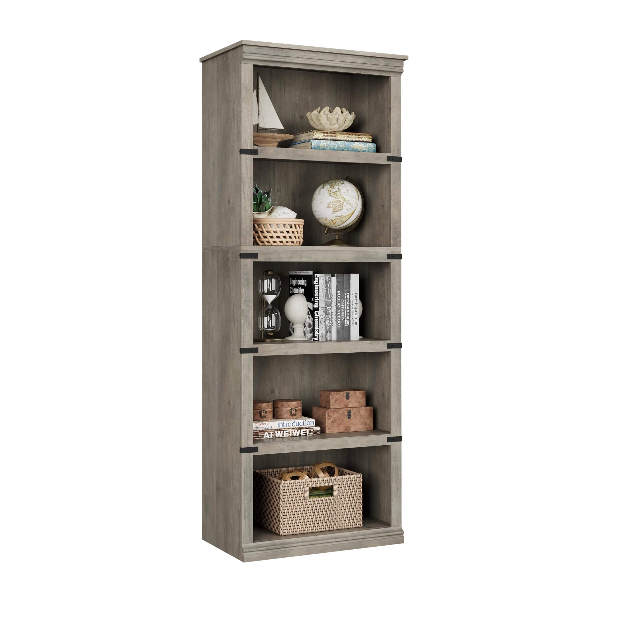 Jojoka - 5 Tier Bookcase, Farmhouse Book Shelf with Storage, Tall Book Case Wooden 5 Shelf Bookcase - Gray