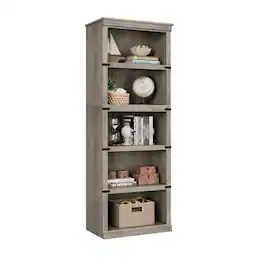 Qeetex - 5 Tier Bookcase, Farmhouse Book Shelf with Storage, Tall Book Case Wooden 5 Shelf Bookcase - Gray
