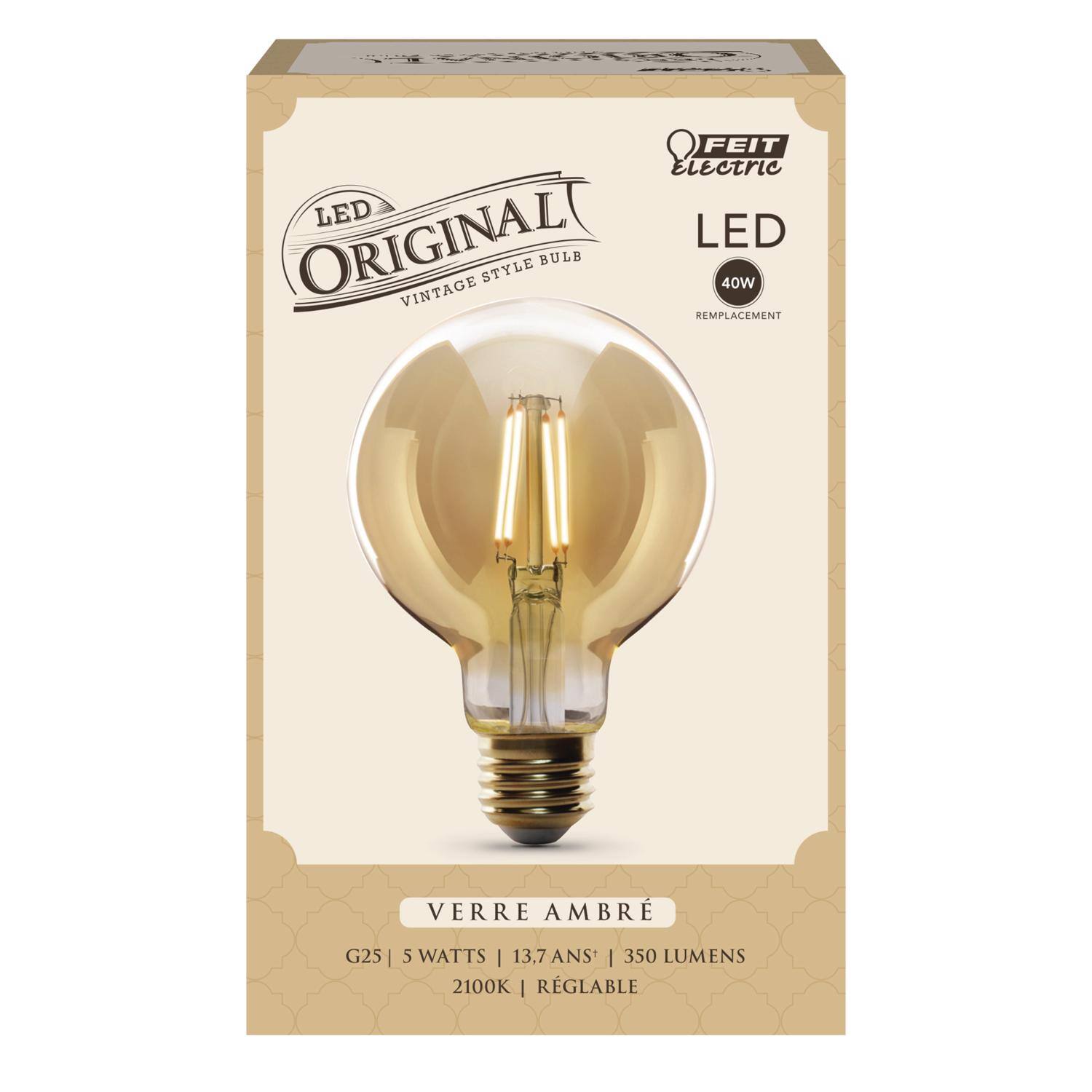 FEIT Electric LED Original Vintage Style Bulb  
40W Replacement  
Verre Ambre  
G25 | 5 Watts | 13.7 Years | 350 Lumens | 2100K | Réglable