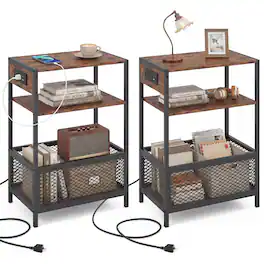 Gymax - 2PCS End Table w/ Charging Station 2 AC Outlets 1 USB & 1 Type-C Ports Rustic - Brown