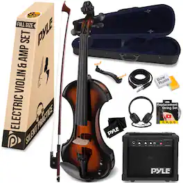 Pyle - Full Size Electric Violin, Solid Wood Silent Fiddle with Amplifier Kit, Hard Case & Bow - PEGVLNKT40