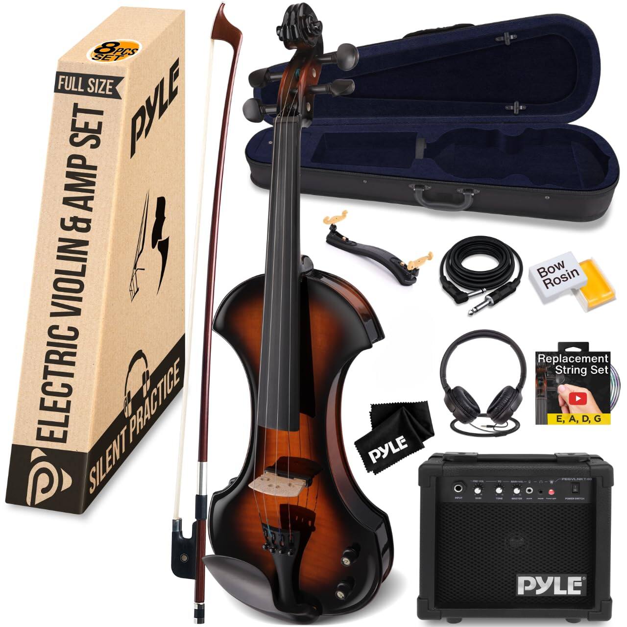 OPCS 8 SET FULL SIZE SET PYLE ELECTRIC VIOLIN AMP & VIOLIN ELECTRIC PRACTICE P SILENT PYLE Bow Rosin Replacement String Set E,A,D,G
