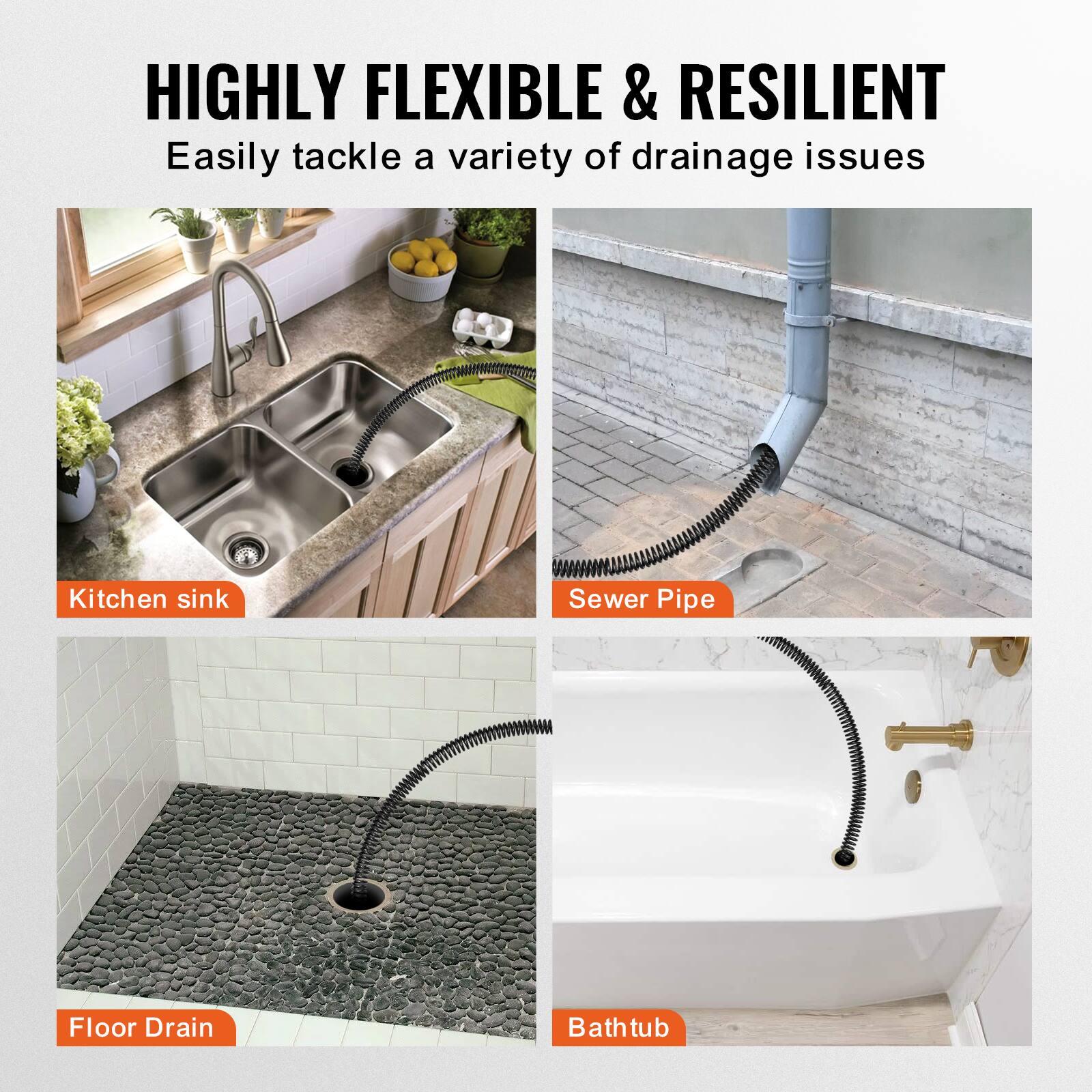 HIGHLY FLEXIBLE & RESILIENT  
Easily tackle a variety of drainage issues  
Kitchen sink  
Sewer Pipe  
Floor Drain  
Bathtub