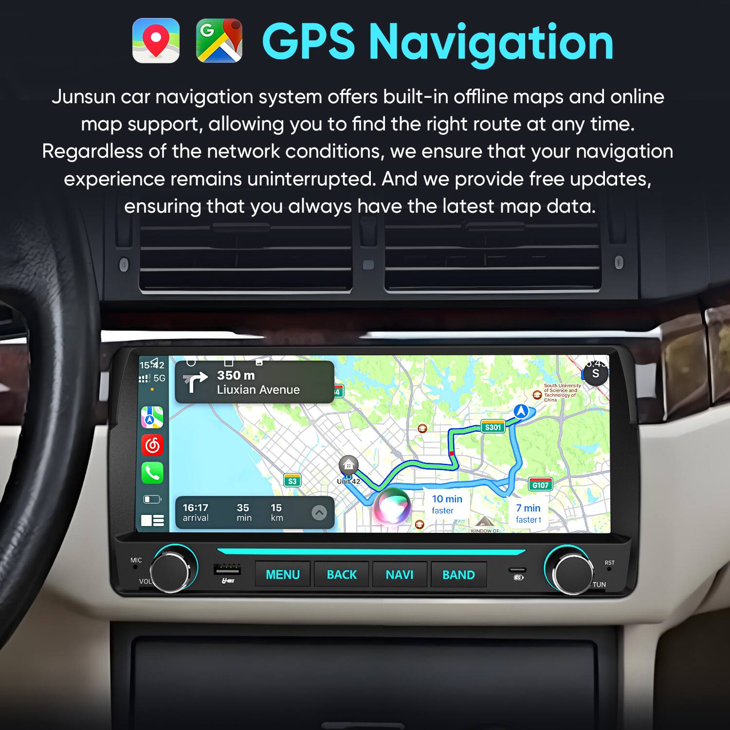 GPS Navigation  
Junsun car navigation system offers built-in offline maps and online map support, allowing you to find the right route at any time. Regardless of the network conditions, we ensure that your navigation experience remains uninterrupted. And we provide free updates, ensuring that you always have the latest map data.

15:42 5G  
350 m Liuxian Avenue  
4  
South University of Science and Technology of China  
S  
S301  
16:17 arrival  
35 min  
S3 15 km  
Unn42  
10 min faster  
G107 7 min faster  
UNDOW or  
MIC VOL  
you  
MENU  
BACK  
NAVI  
BAND  
RST TUN