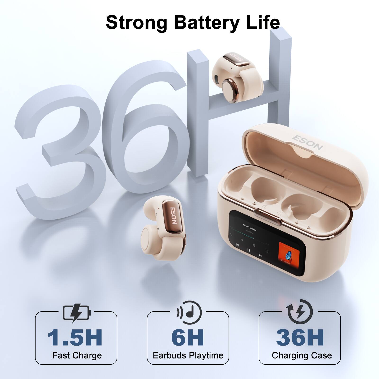 Strong Battery Life

ESON 36

- 1.5H Fast Charge
- 6H Earbuds Playtime
- 36H Charging Case