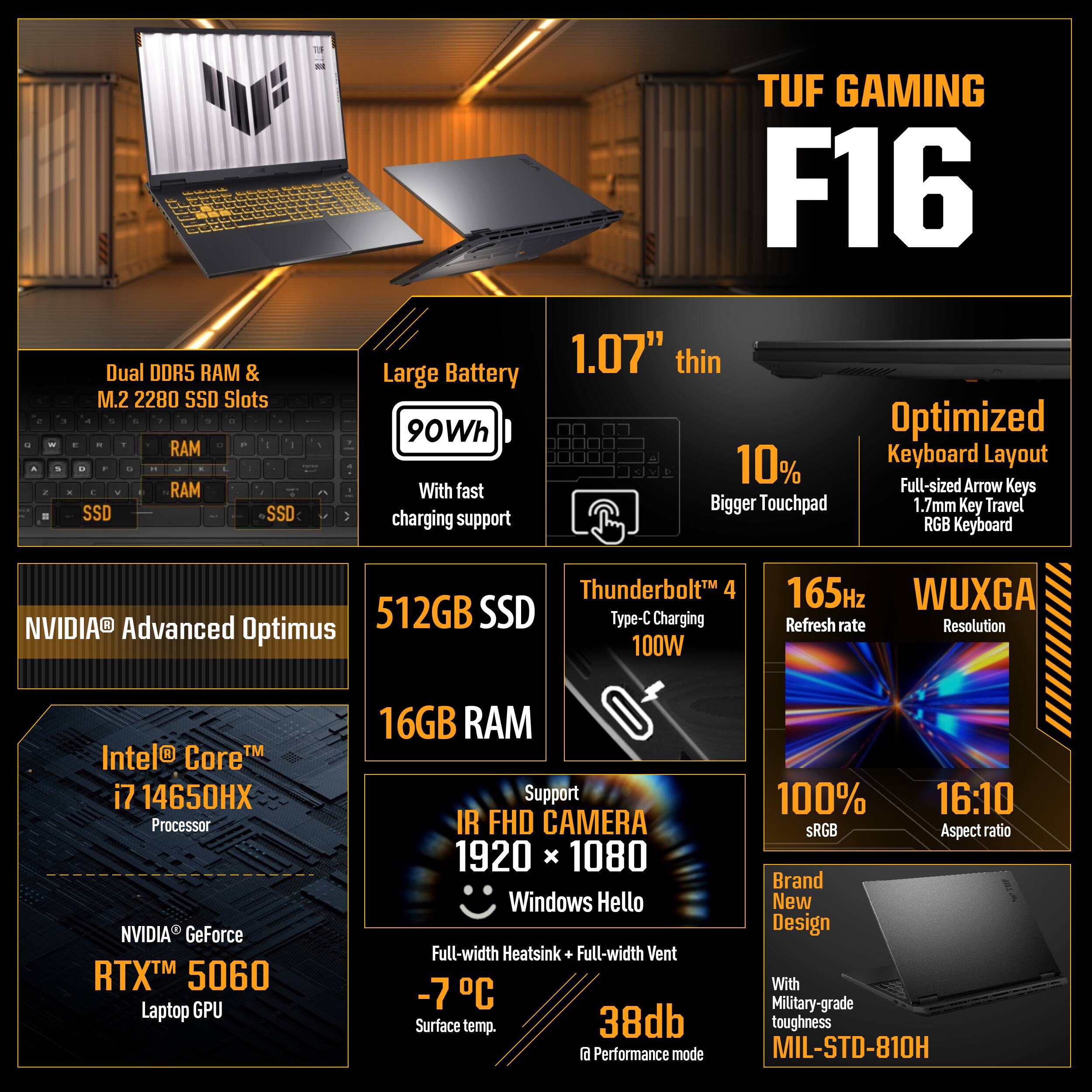 - Dual DDR5 RAM & M.2 2280 SSD Slots
- Large Battery 90Wh with fast charging support
- 1.07" thin
- Optimized Keyboard Layout
- Full-sized Arrow Keys
- Bigger Touchpad
- 1.7mm Key Travel
- RGB Keyboard
- Thunderbolt 4 Type-C Charging 100W
- NVIDIA Advanced Optimus
- 512GB SSD
- 16GB RAM
- Intel® Core™ i7 14650HX Processor
- NVIDIA GeForce RTX™ 5060 Laptop GPU
- 165Hz Refresh rate
- WUXGA Resolution
- 100% sRGB
- 16:10 Aspect ratio
- IR FHD Camera 1920 x 1080
- Windows Hello
- Full-width Heatsink
- Full-width Vent
- -7°C Surface temp.
- 38db i Performance mode
- Brand New Design
- Military-grade toughness MIL-STD-810H
