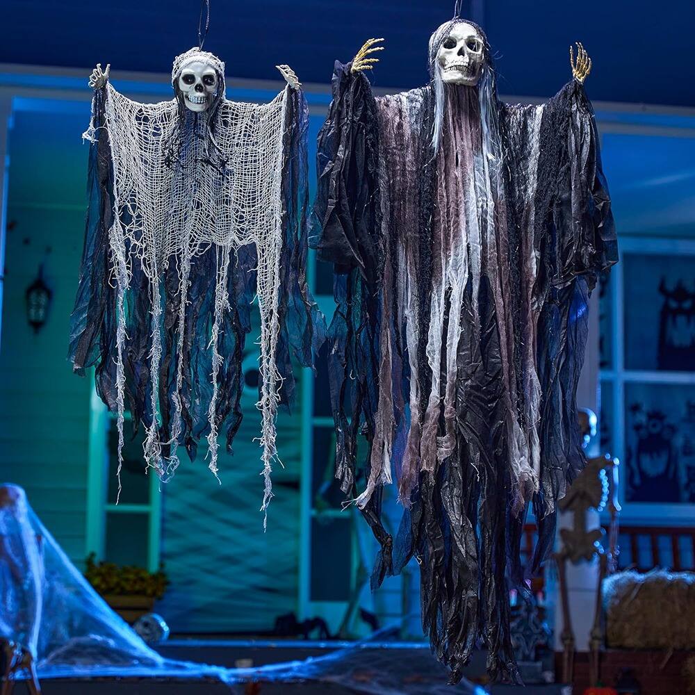 Front. RTMB - 2-Piece Hanging Grim Reaper Skeletons for Halloween Yard, Patio & Haunted House Decor - Hanging Grim Reaper.
