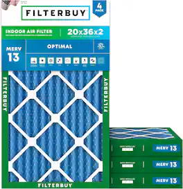 Filterbuy - 20x36x2 MERV 13 Smoke & Allergy Defense, Electrostatic Pleated HVAC AC Furnace Air Filters Replacement (4-Pack) - Blue