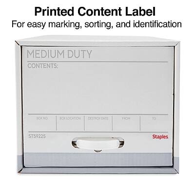 Printed Content Label  
For easy marking, sorting, and identification  

MEDIUM DUTY  
CONTENTS:  

BOX NO: 5T59225  
BOX LOCATION:  
DESTROY DATE:  
FROM:  
TO:  

Staples