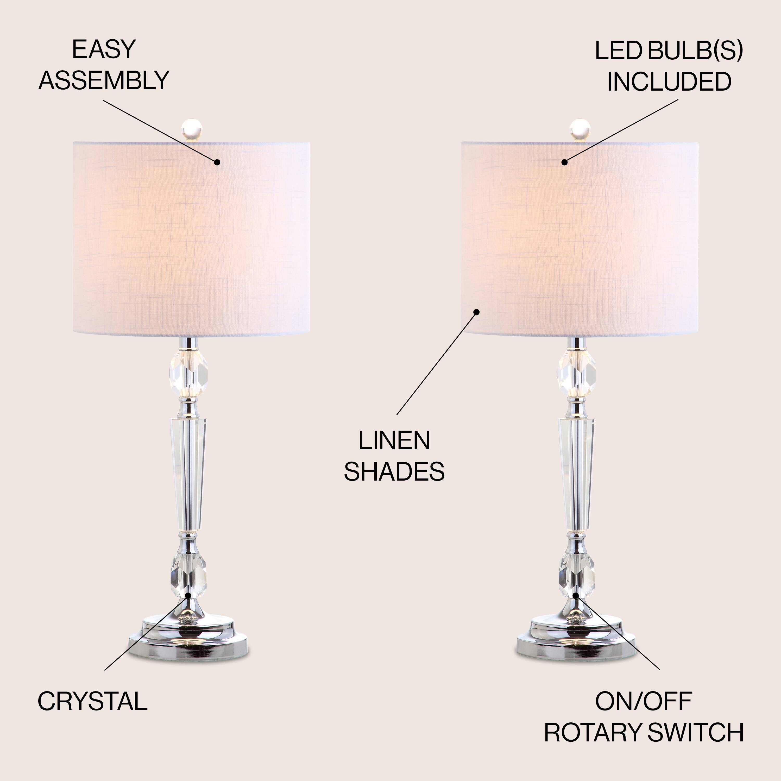 - EASY ASSEMBLY
- LED BULB(S) INCLUDED
- LINEN SHADES
- CRYSTAL
- ON/OFF ROTARY SWITCH