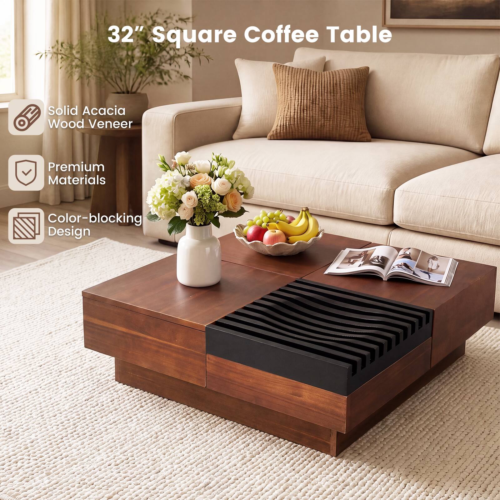 32" Square Coffee Table

Solid Acacia Wood Veneer

Premium Materials

Color-blocking Design
