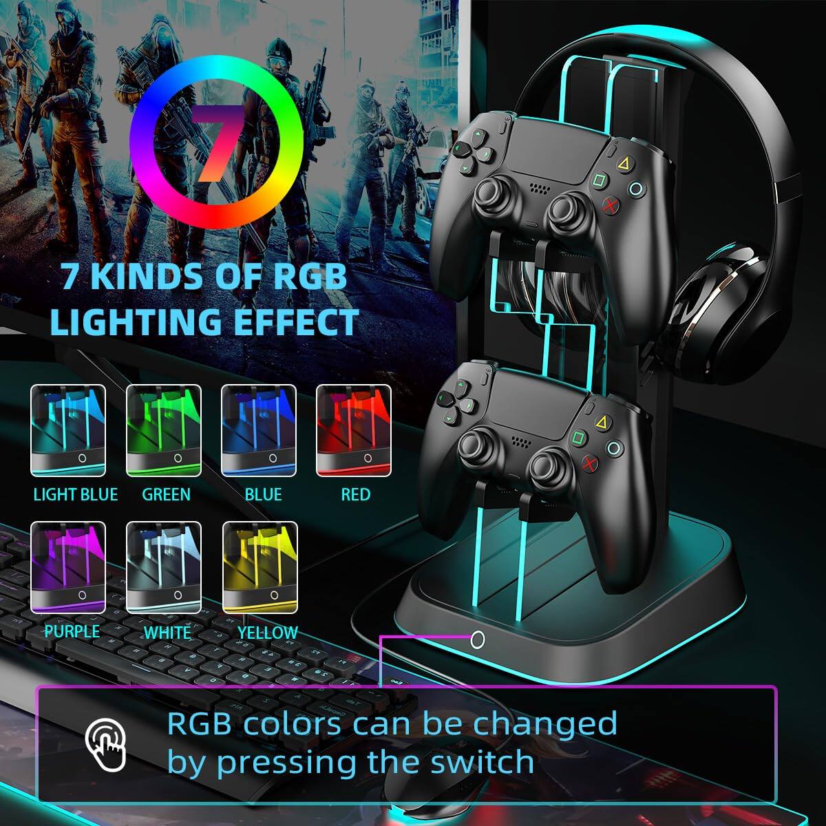 7 KINDS OF RGB LIGHTING EFFECT

LIGHT BLUE GREEN BLUE RED PURPLE WHITE YELLOW

RGB colors can be changed by pressing the switch