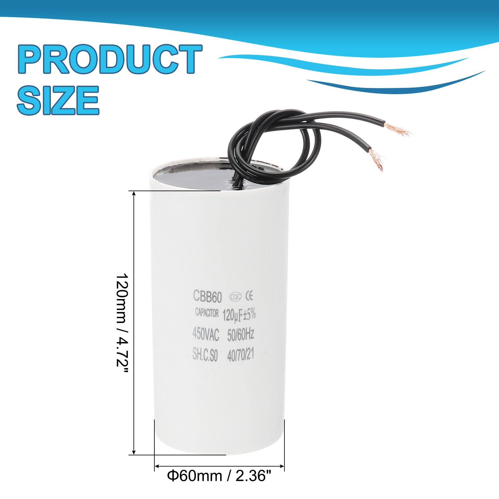 PRODUCT SIZE  
120mm / 4.72"  
CBB60 DO CE CAPACITOR  
120pF 5%  
450VAC 50/60Hz  
SH.C.SO 40/70/21  
60mm / 2.36"