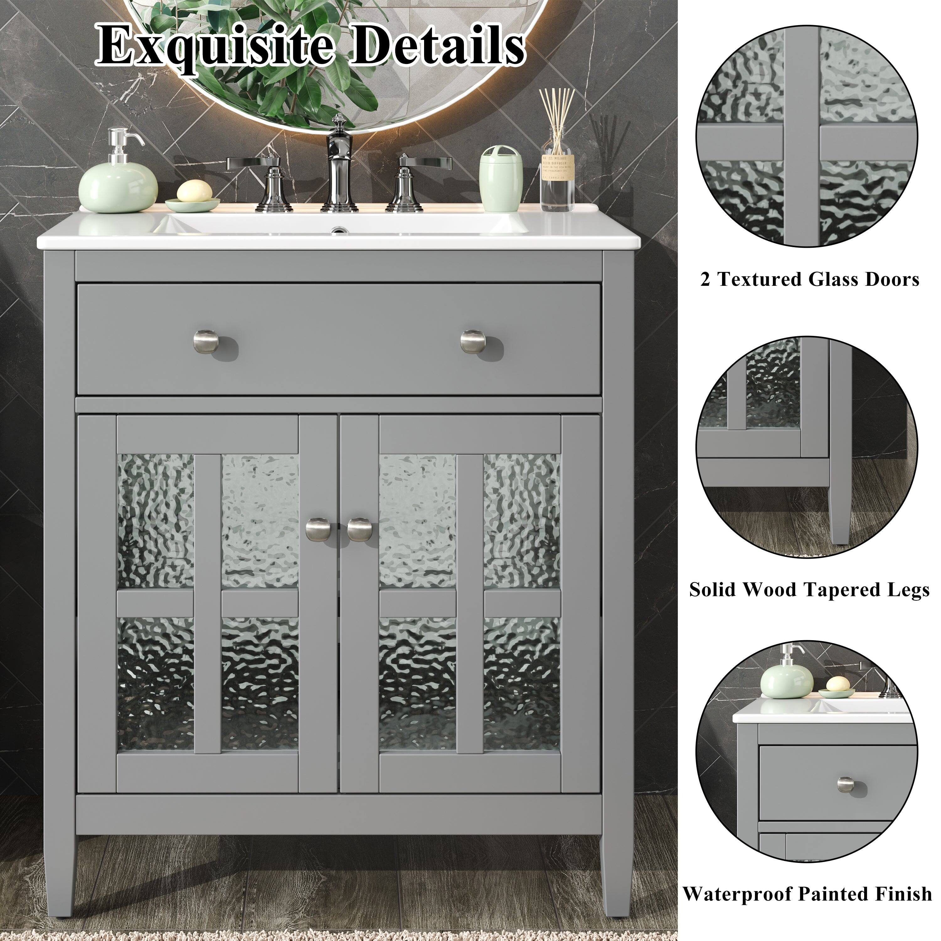 Exquisite Details

2 Textured Glass Doors

Solid Wood Tapered Legs

Waterproof Painted Finish