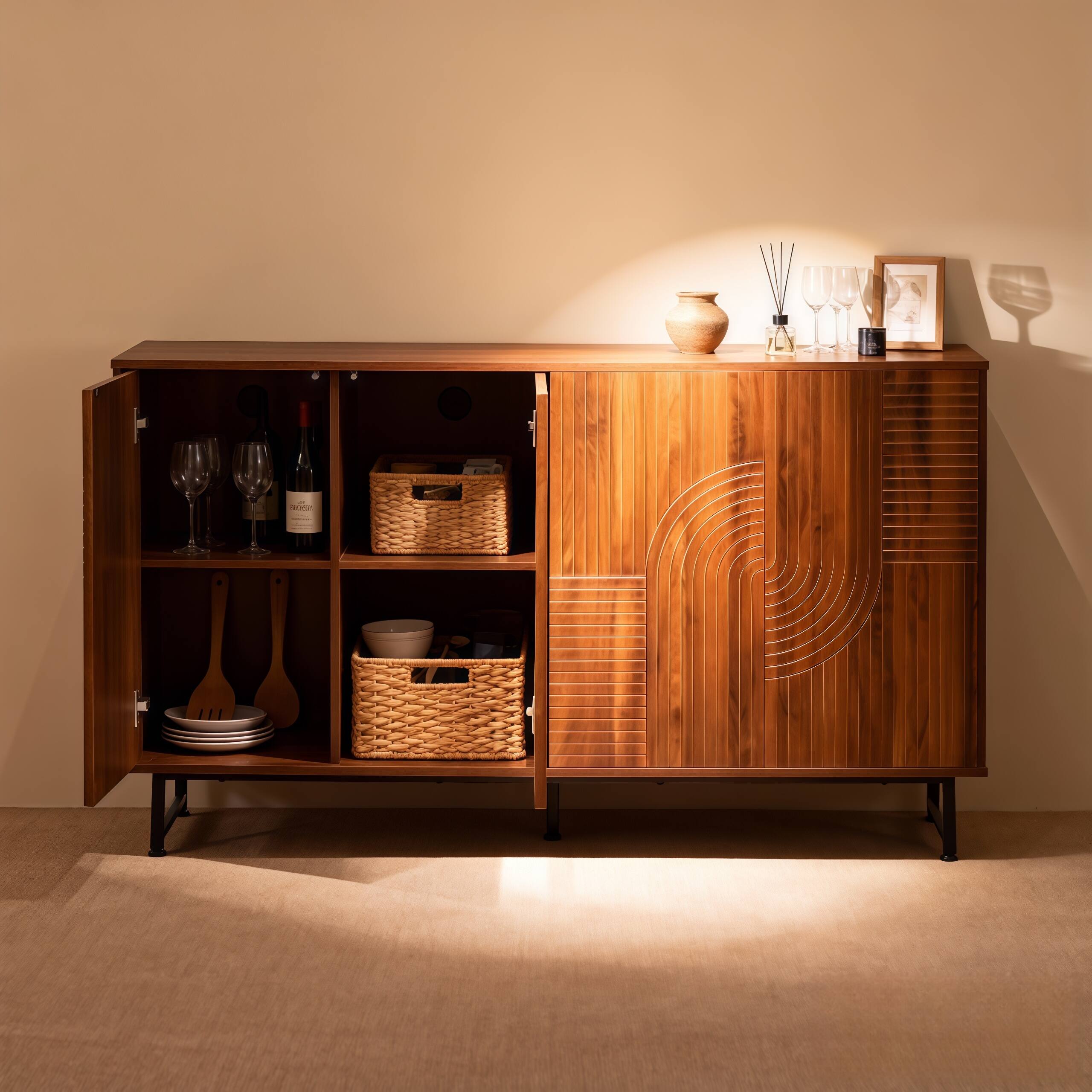 Left. Aukfa - Mid-Century Modern Walnut Sideboard - Geometric Carved Design, Metal Legs, Storage for Living & Dining Room - Brown.