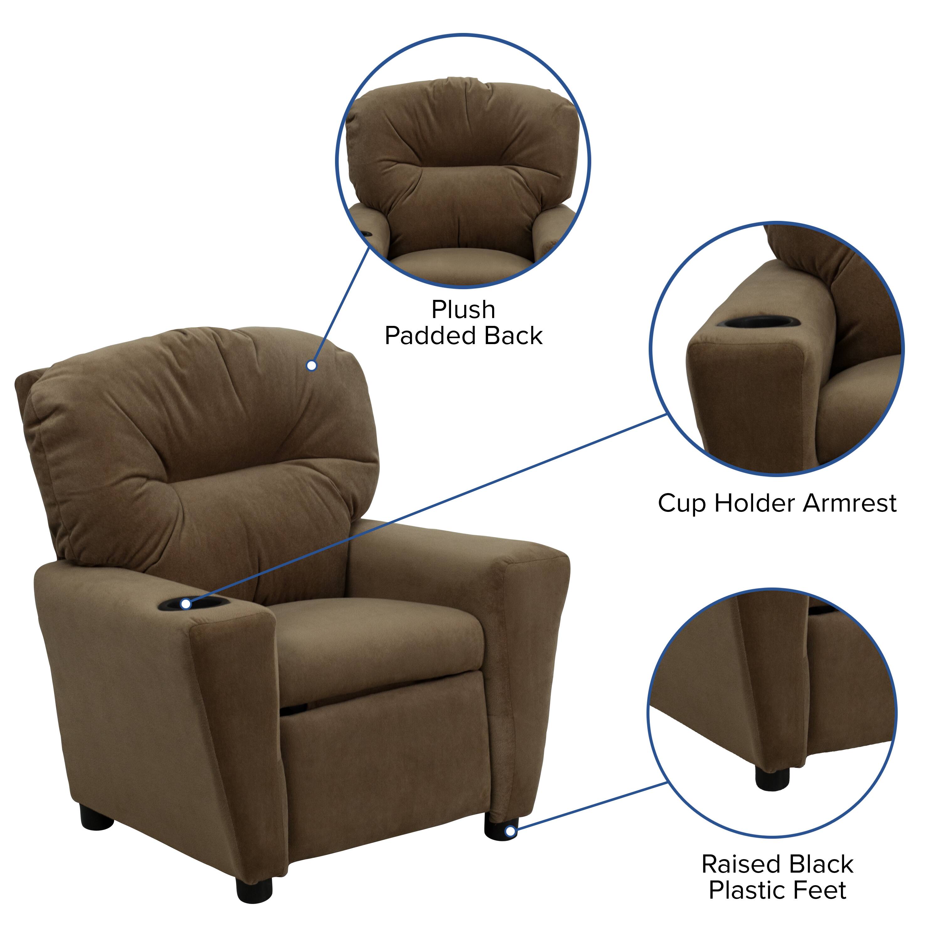 Plush Padded Back  
Cup Holder Armrest  
Raised Black Plastic Feet
