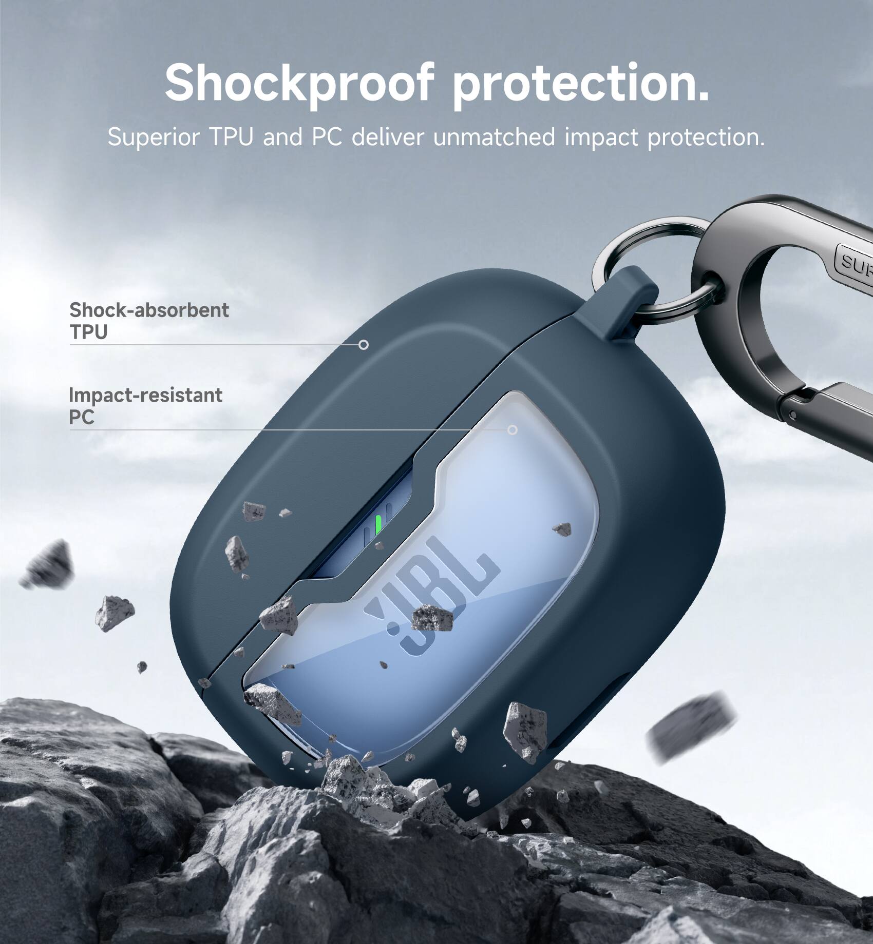 Shockproof protection. Superior TPU and PC deliver unmatched impact protection. Shock-absorbent TPU. Impact-resistant PC.