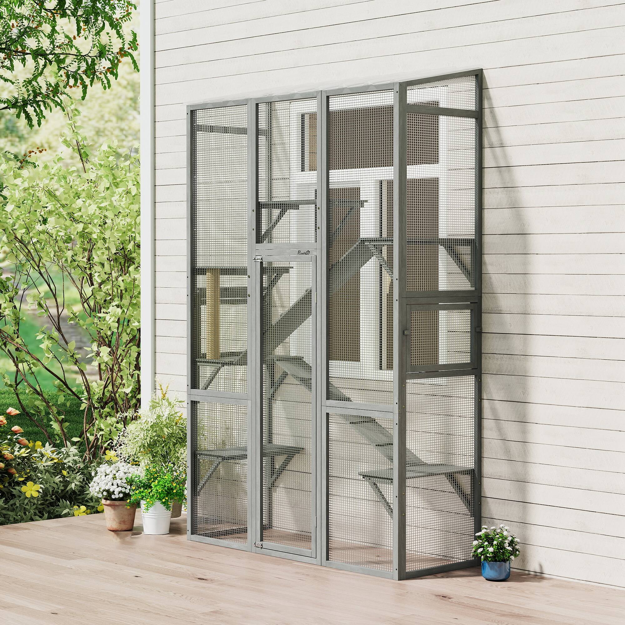 Alt View 7. Pawhut - Catio Cat Enclosure, Large Wooden Cat House with 6 Jumping Platforms, Scratching Post, 2 Ramps - Gray.