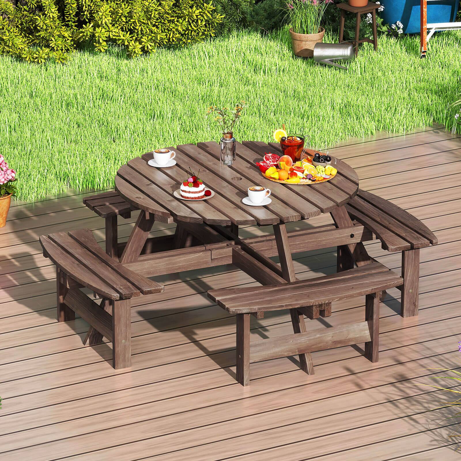 Alt View 1. Costway - Costway 8-Person Round Picnic Table Set with 4 Built-in Benches 2" Umbrella Hole - Brown.