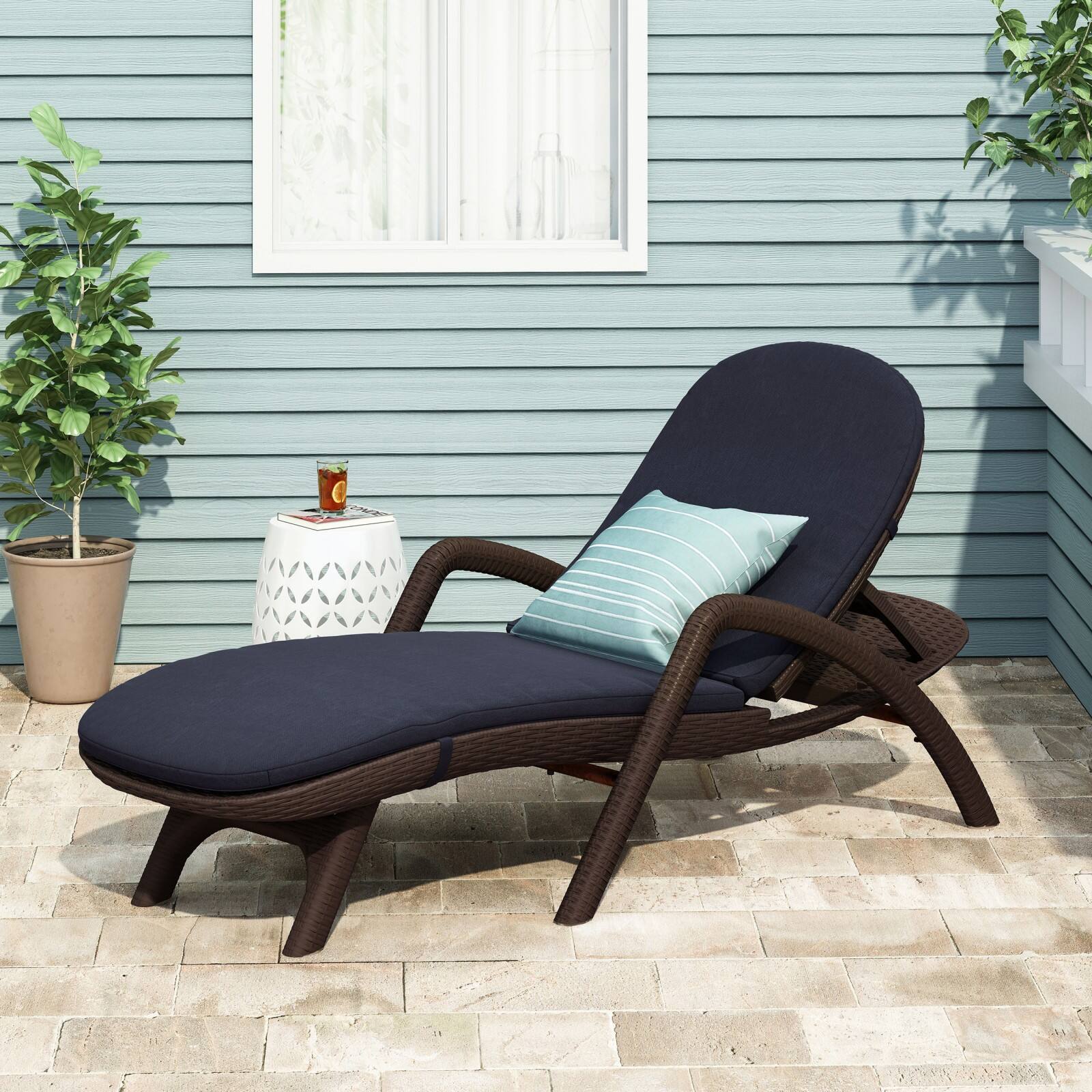 Alt View 4. Ecooso - Weather-Resistant Plastic Chaise Lounge with Wicker-Like Texture, Cushion, Ergonomic Design, and Stable Support Frame - Dark Brown.