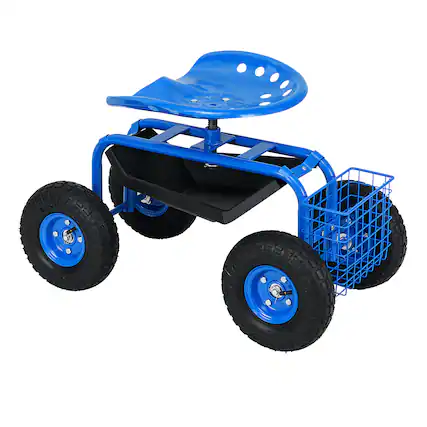 Front. SKONYON - Heavy Duty Garden Rolling Seat Cart with Large Pneumatic Wheels and Tool Tray Storage - Blue.