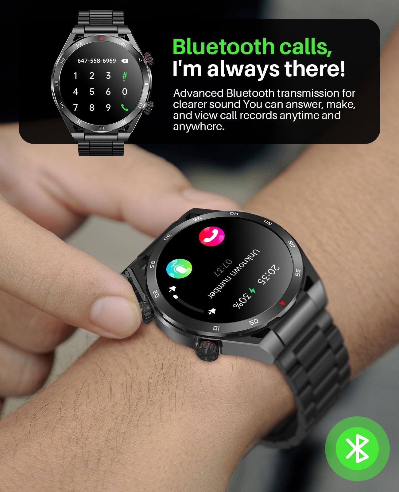 Sure, here is the corrected and grouped text from the image:

---

**Bluetooth calls, I'm always there!**

Advanced Bluetooth transmission for clearer sound. You can answer, make, and view call records anytime and anywhere.

---

**DS 647-558-6969**

---

**DE 52 SO on SE 07:37 Unknown 20:35 55 number 30% so D**

---

**20:32 10:23 Unknown**  
**%30**  
**20:32**  
**55**  
**50**  
**45**  
**40**  
**35**  
**30**  
**25**  
**20**  
**15**  
**10**  
**5**  
**0**  
**5**  
**10**  
**15**  
**20**  
**25**  
**30**  
**35**  
**40**  
**45**  
**50**  
**55**  
**60**  
**65**  
**70**  
**75**