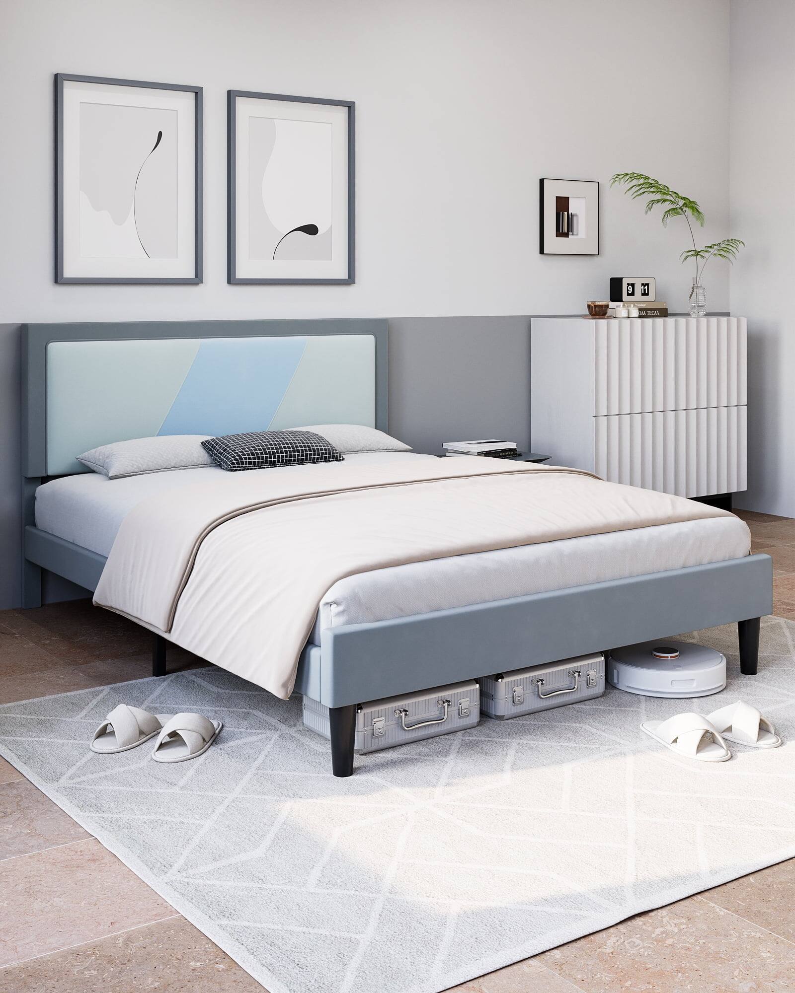 Alt View 3. GARVEE - Full Triple Panel Platform Bed Frame MDF Beige Finish No Box Spring Easy Assembly Bedroom Furniture - Beige.