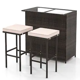 Costway - 3 PCS Patio Bar Set with Tempered Glass Tabletop 2-Tier Storage Removable Cushions - Mix Brown + Beige