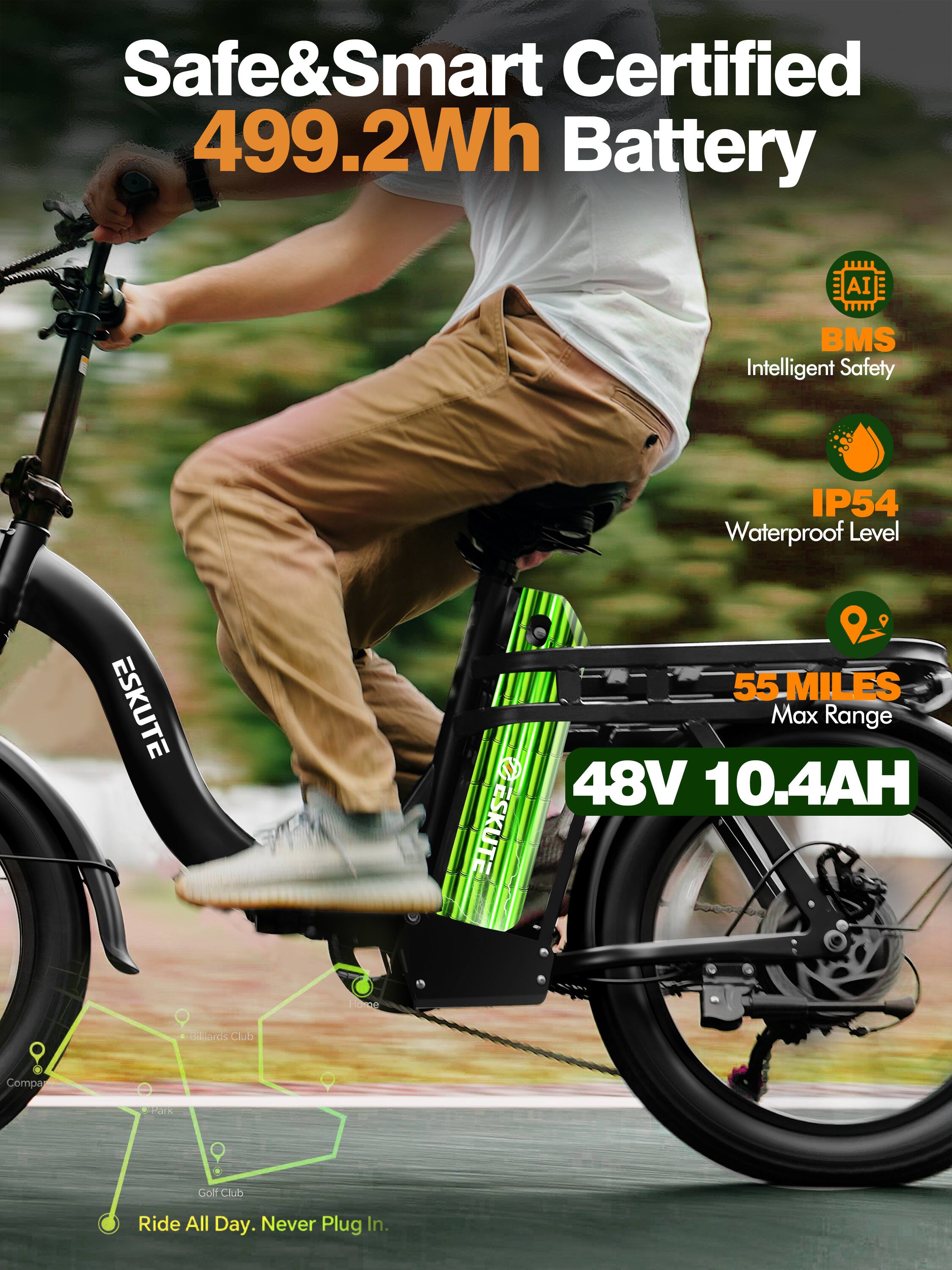 Safe&Smart Certified 499.2Wh Battery AI BMS Intelligent Safety IP54 Waterproof Level ESKUTE 55 MILES Max Range 48V 10.4AH Home Billiards Club Compa Golf Club Ride All Day. Never Plug In.