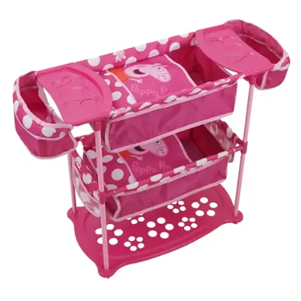 Peppa Pig is a popular children's television show and brand that features a pink and white pig named Peppa and her family. The image shows a pink and white toy shelf with a Peppa Pig theme, including a tray and a basket. The shelf is designed to hold various items, such as cups and toys, and is likely meant for children to play with and organize their belongings. The Peppa Pig theme adds a fun and colorful touch to the toy shelf, making it appealing to children who are fans of the show.